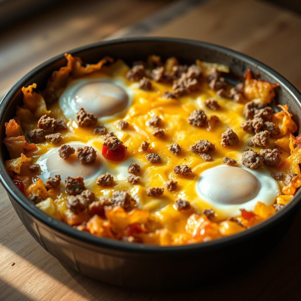 "Delicious Hash Brown Breakfast Casserole with crispy hash browns, melted cheese, and fluffy eggs"