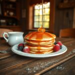 "Golden stack of fluffy good old-fashioned pancakes drizzled with maple syrup and topped with fresh berries."