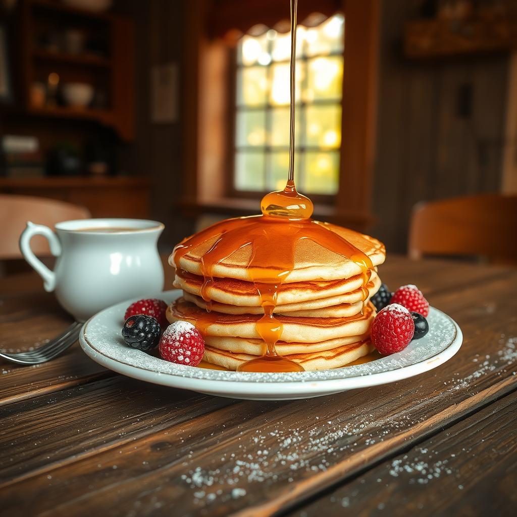 "Golden stack of fluffy good old-fashioned pancakes drizzled with maple syrup and topped with fresh berries."