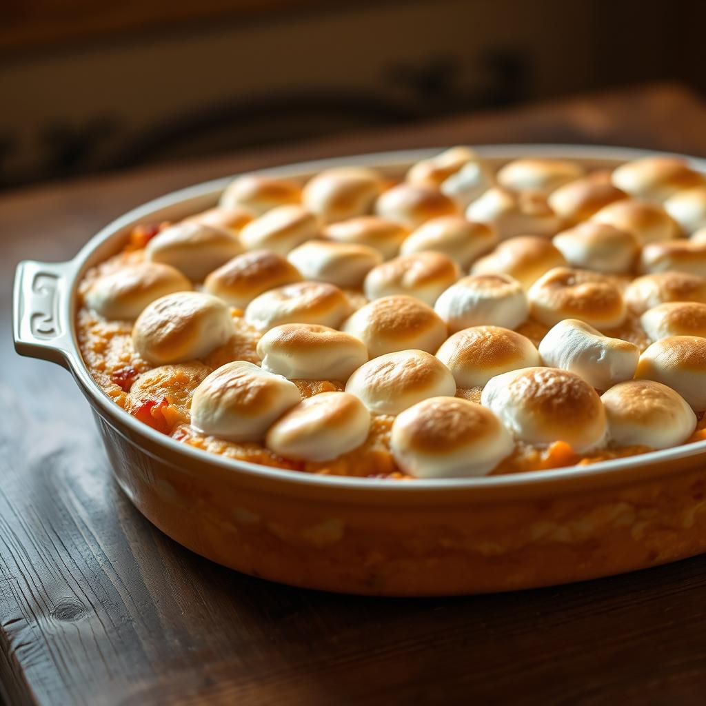Sweet potato casserole with marshmallows and brown sugar topping, served in a rustic dish, perfect for Thanksgiving or holiday gatherings