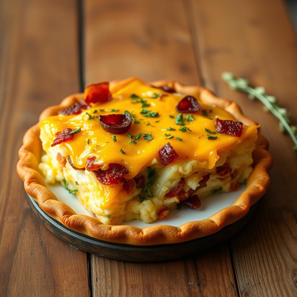 Air fryer breakfast casserole with crispy bacon, eggs, and melted cheese on a rustic wooden table.