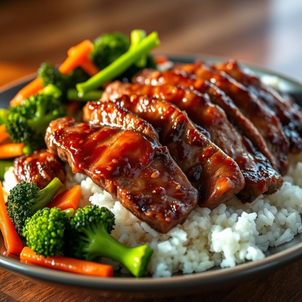 Tender beef teriyaki served with rice and stir-fried vegetables, featuring a rich, caramelized glaze