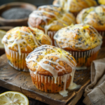 Freshly baked lemon poppy seed muffins with a drizzle of lemon glaze