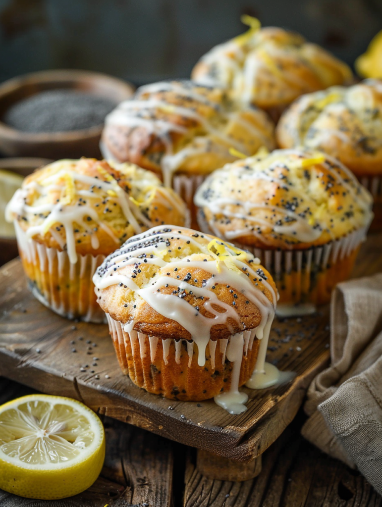 Freshly baked lemon poppy seed muffins with a drizzle of lemon glaze