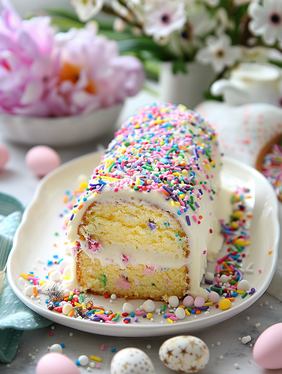 A pastel-colored Easter Cake Roll with a creamy swirl filling, dusted with powdered sugar, and decorated with festive sprinkles