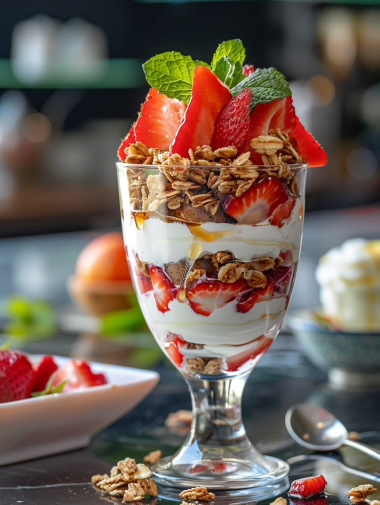 Strawberry & Yogurt Parfait with fresh strawberries, Greek yogurt, and granola.