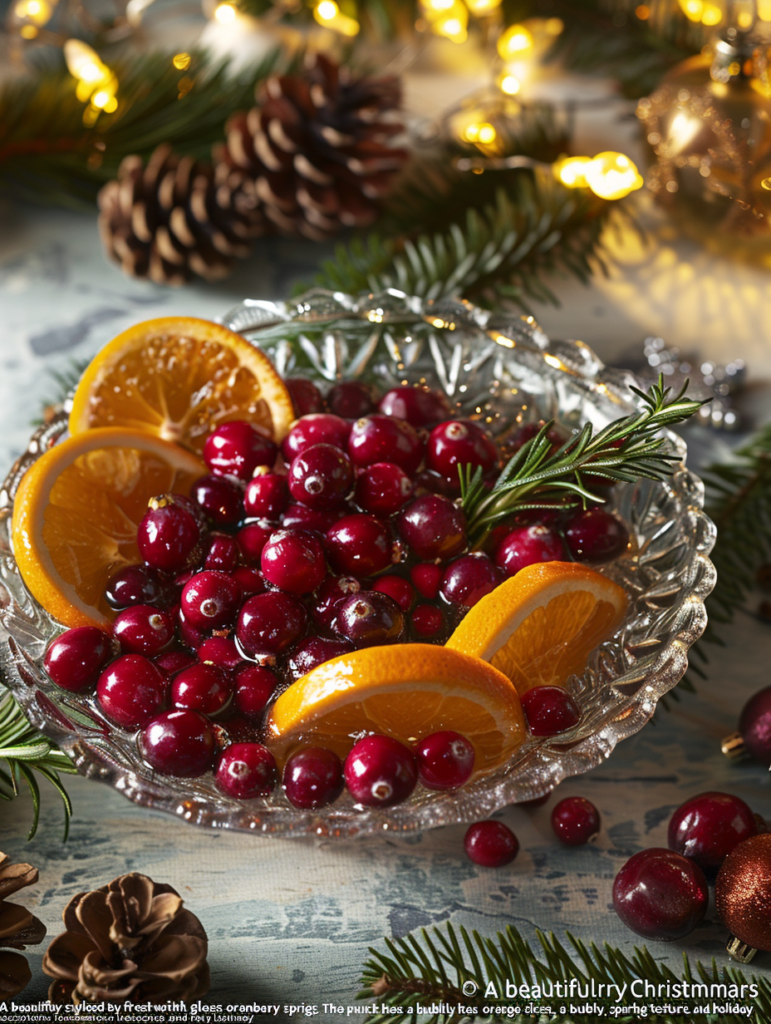 A festive glass of Cranberry Christmas Punch garnished with fresh cranberries, orange slices, and rosemary sprigs, served in a clear holiday-themed glass.
