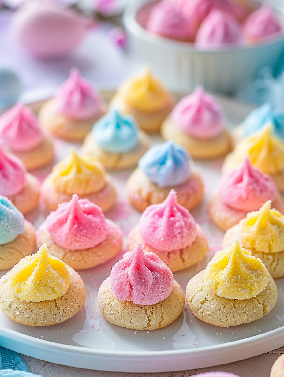 Easter Blossom Cookies with pastel sugar and chocolate kisses on a festive plate