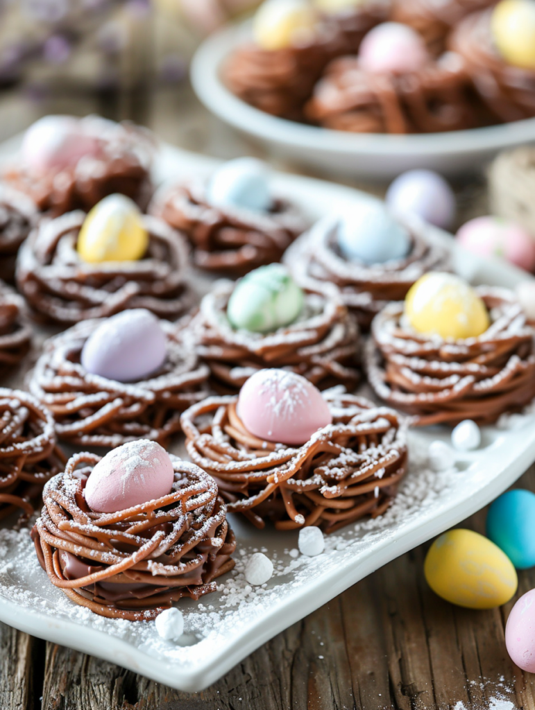 Birds Nest Cookies with chocolate and candy eggs on a white platter