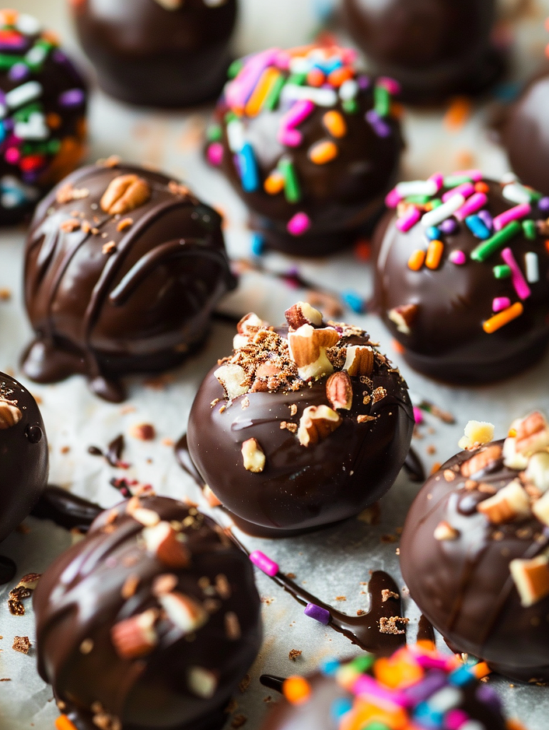 Fudgy No-Bake Brownie Truffles coated in melted chocolate and topped with sprinkles.