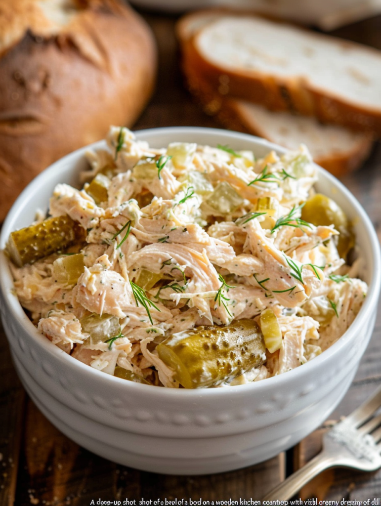 A creamy Pickle Chicken Salad served in a white ceramic bowl, garnished with fresh dill and chopped pickles.
