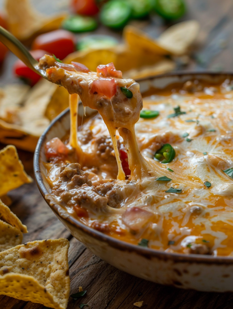 Rotel Dip with tortilla chips on a wooden table