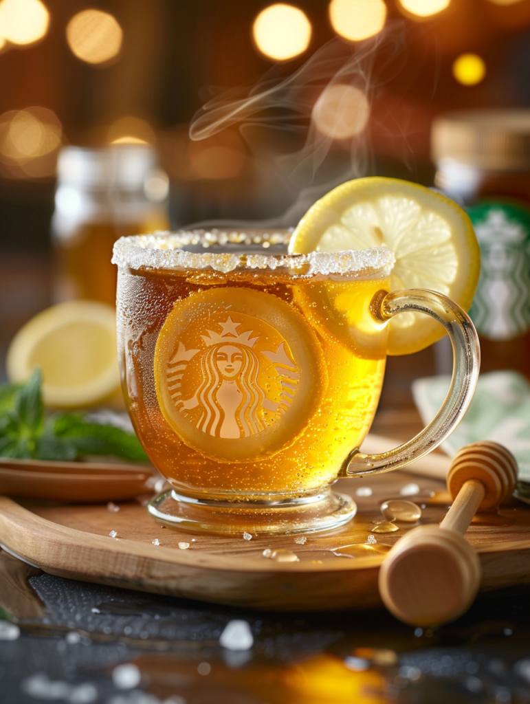Starbucks Medicine Ball Tea in a glass mug with lemon slice