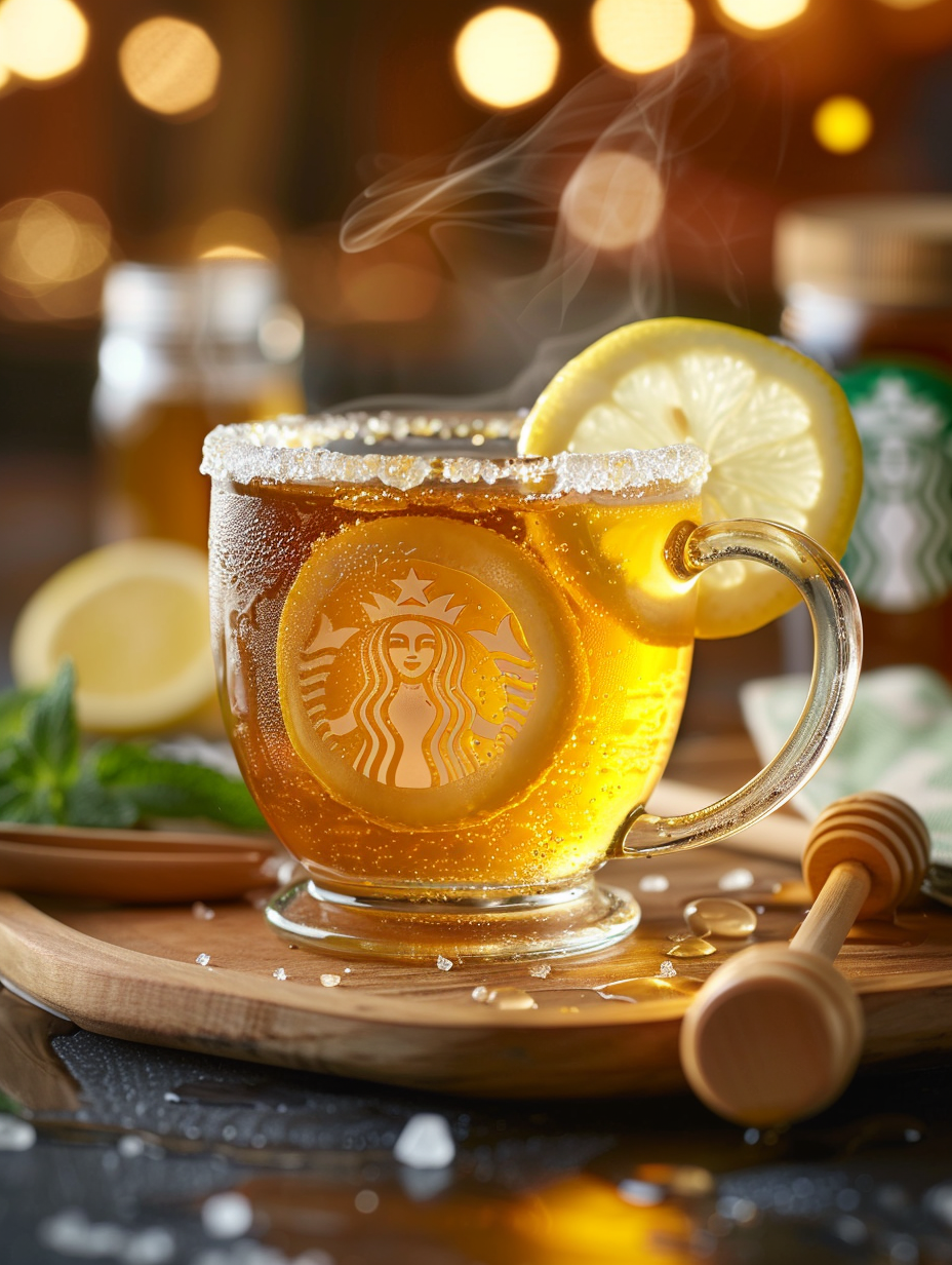 Starbucks Medicine Ball Tea in a glass mug with lemon slice