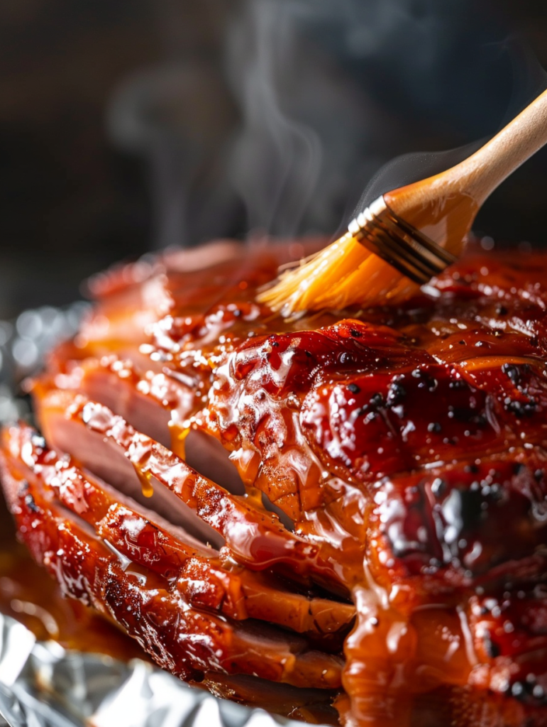 abdessalam hmouch A close up shot of a spiral ham being baste f939fc4a cfc9 4d12 bc2c c2b95a7b809a 3 Air Fryer Spiral Ham: 5 Easy Steps for the Juiciest Holiday Recip