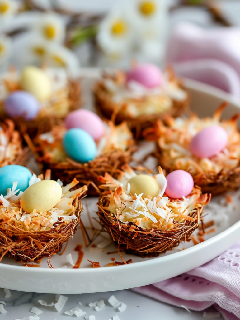 Coconut Macaroon Nests with chocolate eggs on a white platter