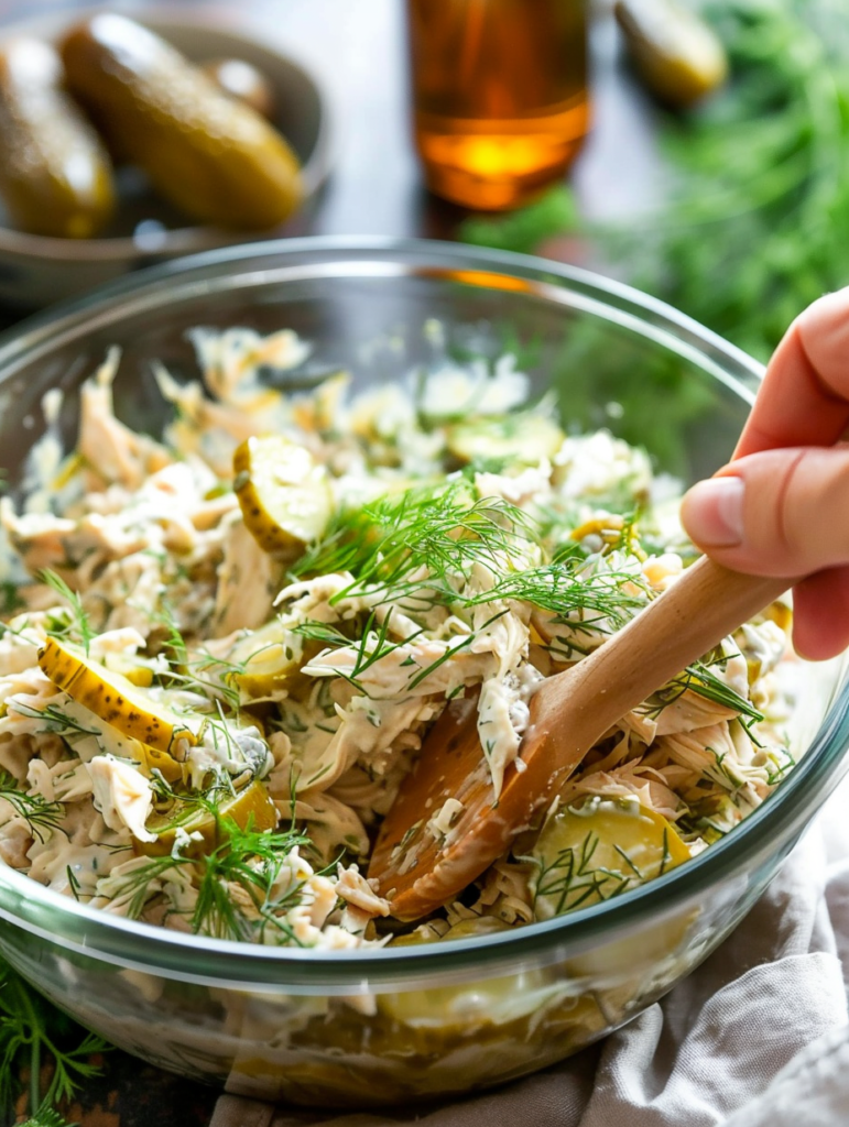 abdessalam hmouch A detailed close up shot of a glass mixing 49618e71 3a02 4cbb a314 1b81de4e1679 1 Pickle Chicken Salad – Creamy, Tangy & Easy Meal Prep Recipe