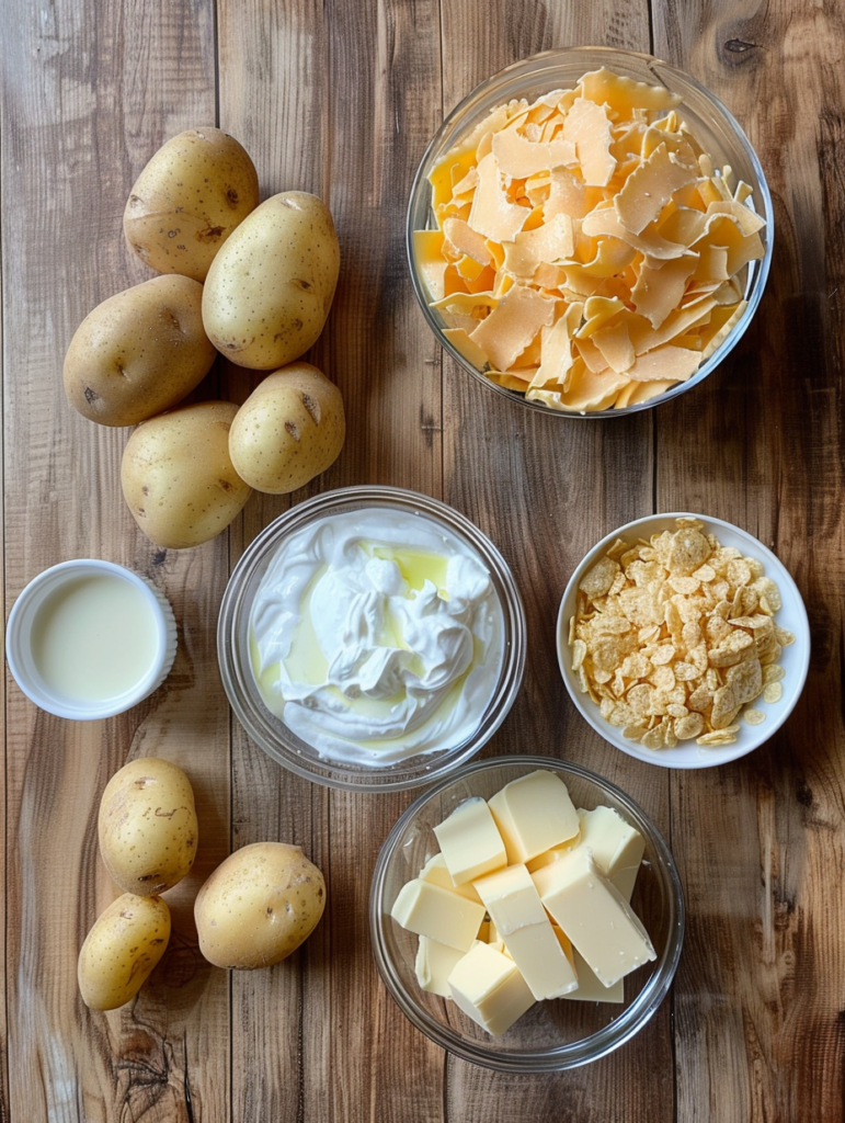 abdessalam hmouch A flat lay of key ingredients raw potatoes 2cbb14bc c503 4cc0 bfbd b2760232545c 2 Cheesy Potatoes with Corn Flakes: 6 Irresistible Steps for a Crunchy, Creamy Dish
