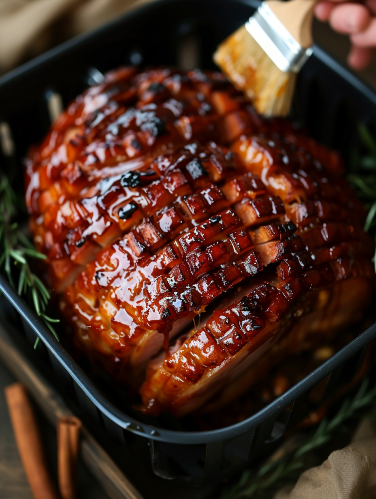Juicy Air Fryer Spiral Ham with a caramelized glaze in an air fryer basket