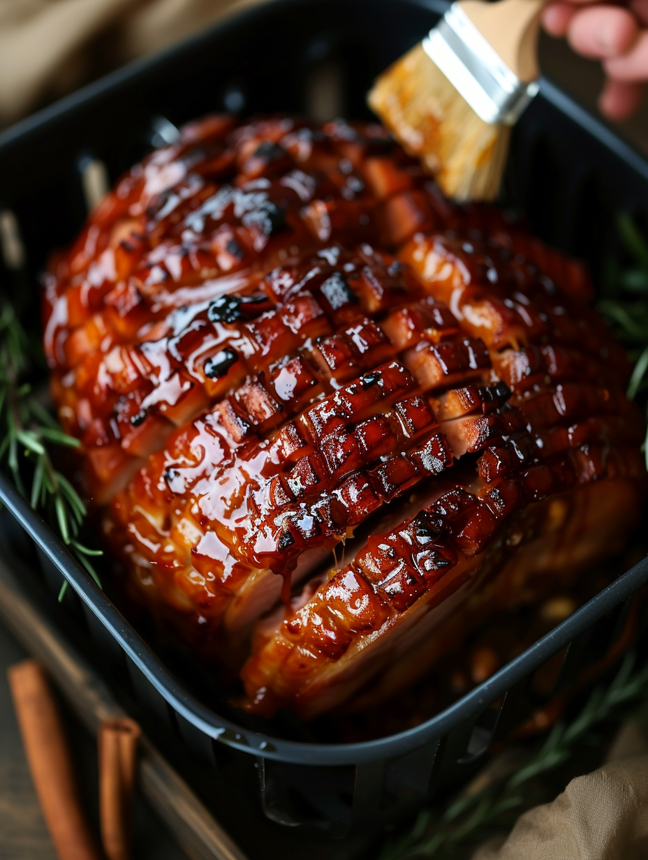 Juicy Air Fryer Spiral Ham with a caramelized glaze in an air fryer basket
