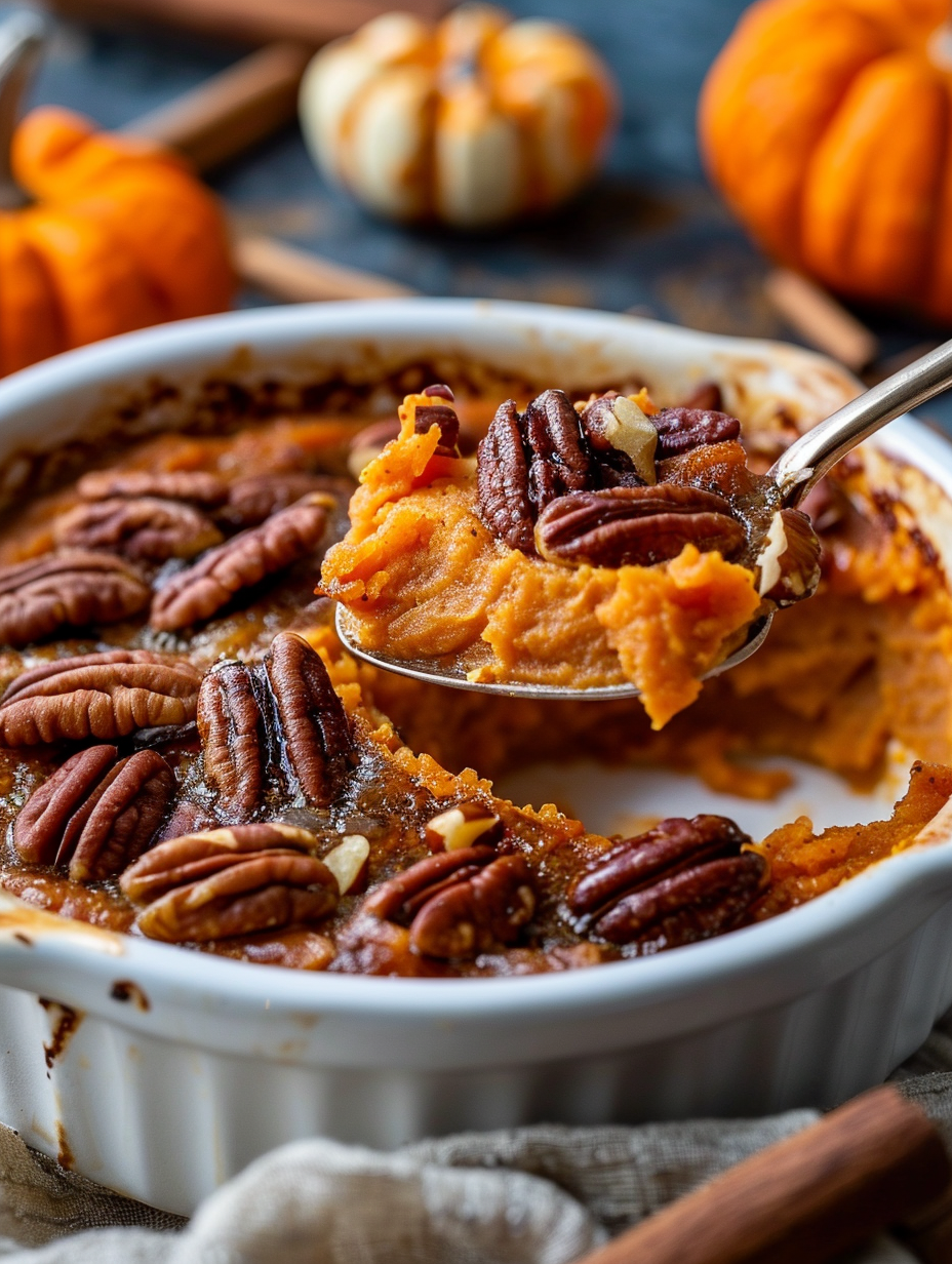 Sweet potato casserole with pecan topping in a white baking dish, served warm.