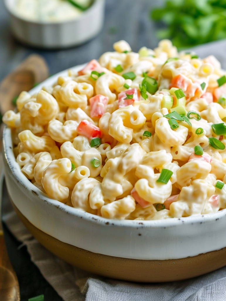 A bowl of authentic Hawaiian macaroni salad with a creamy dressing, served alongside a Hawaiian plate lunch with rice and protein
