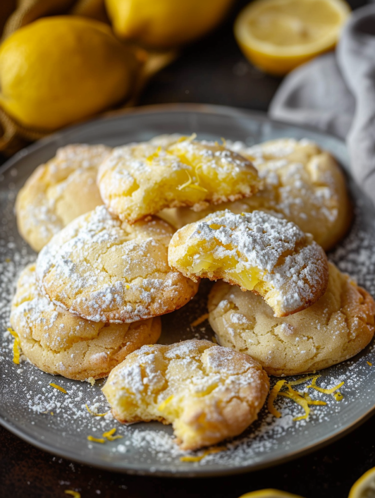Soft and chewy Lemon Pudding Cookies stacked on a plate, with fresh lemon slices and powdered sugar