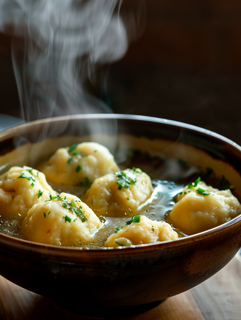 Fluffy Bisquick dumplings in a bowl of homemade chicken broth.