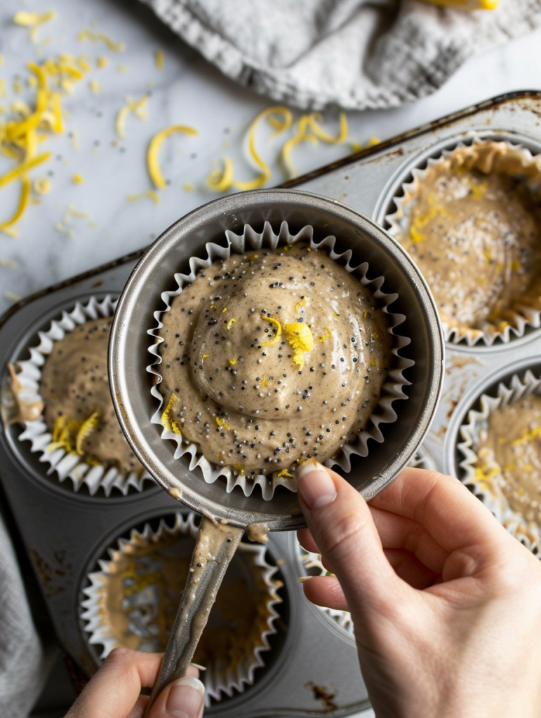abdessalam hmouch A top down view of muffin batter being scoo cc25b009 f19a 42e0 949b a4d63f9e5d35 0 Lemon Poppy Seed Muffins: Moist, Flavorful, and Easy