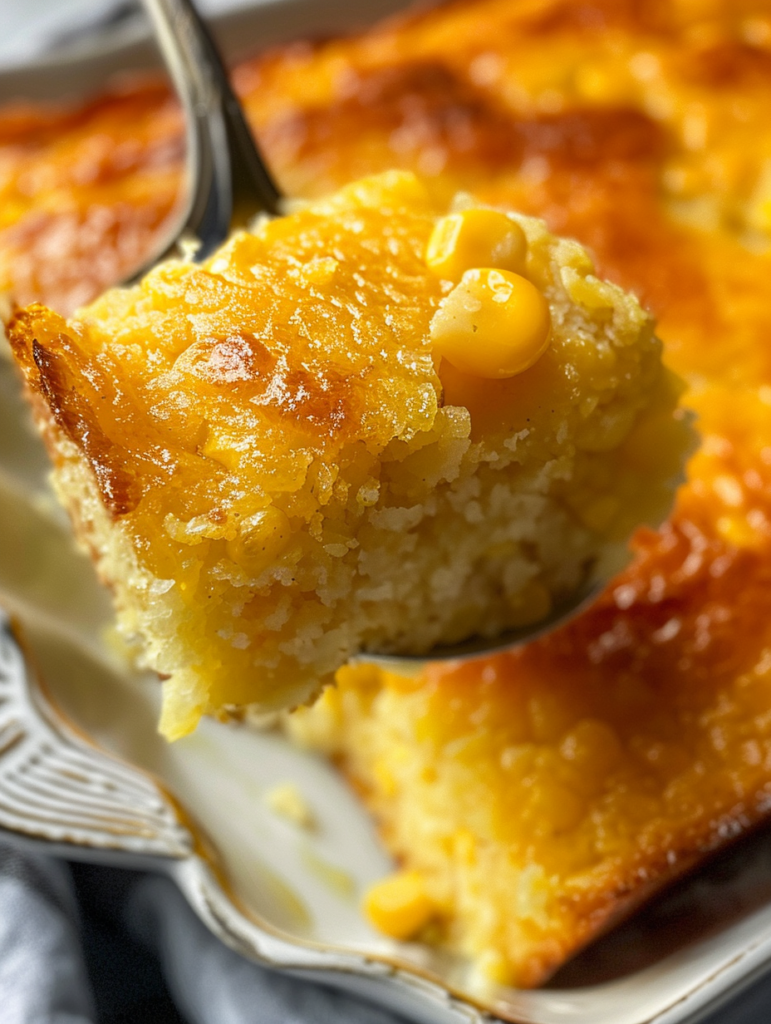 Jiffy Cornbread Casserole with Creamed Corn, golden and moist, served in a cast-iron skillet