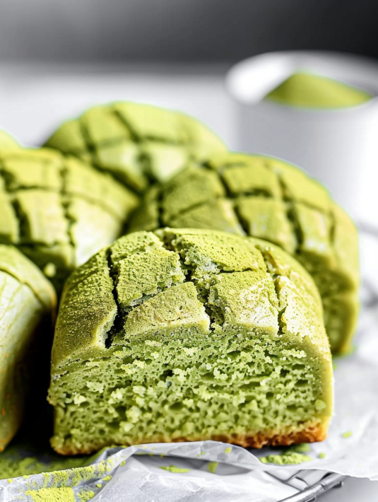 Freshly baked Matcha Pan loaf with a vibrant green interior and golden crust