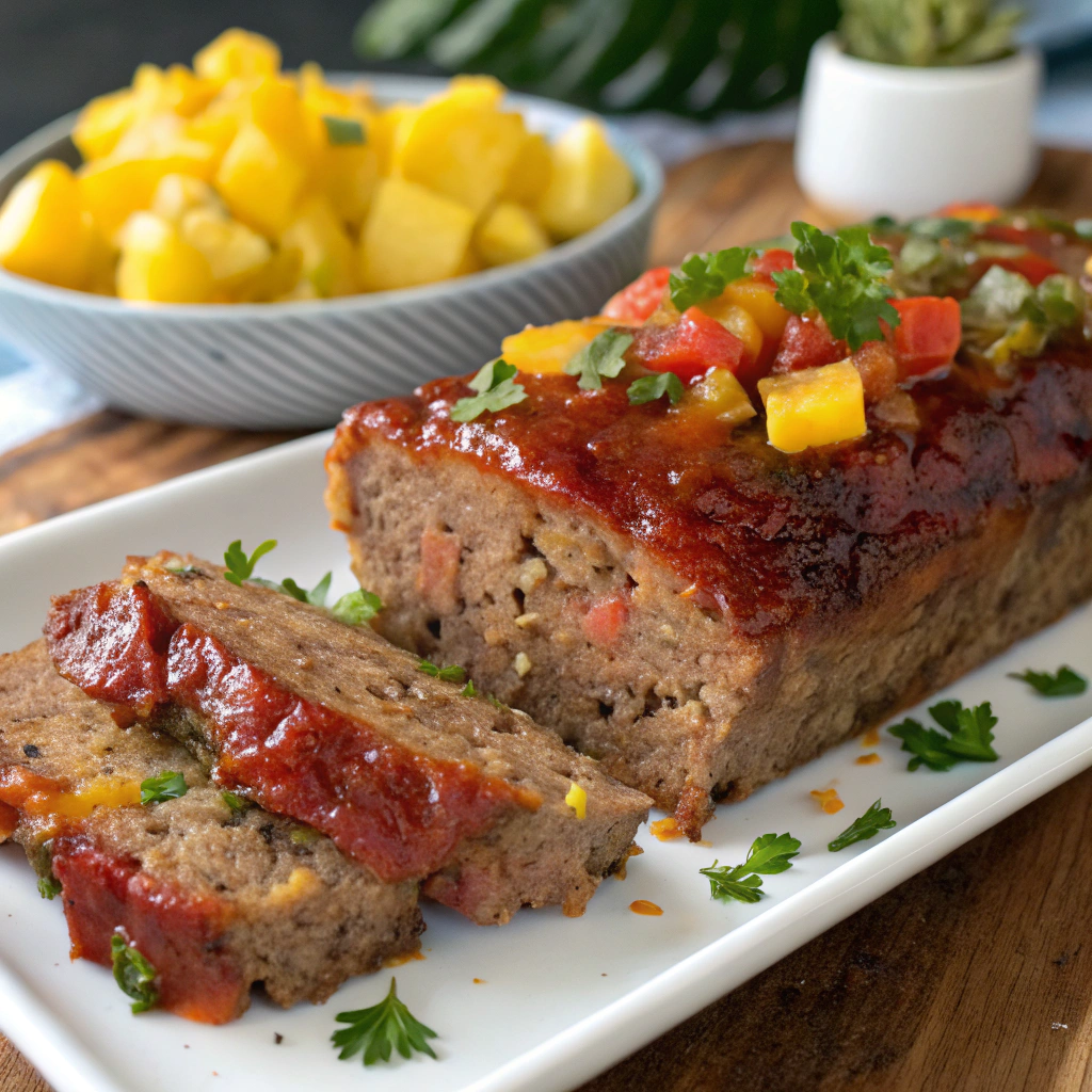 Close-up of homemade meatloaf glaze in a ceramic dish, glossy and caramelized, with soft natural lighting highlighting its rich texture.