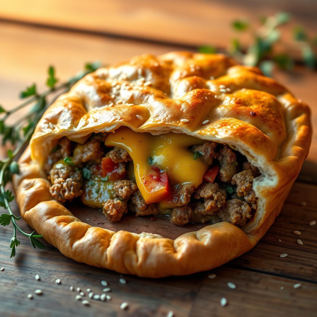 Golden baked cheeseburger pie with ground beef, cheese, and tomatoes in a flaky crust.
