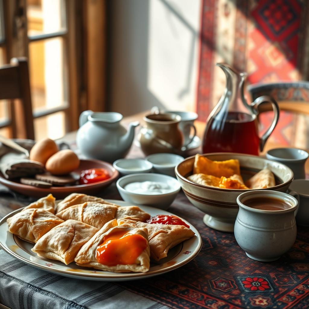 Traditional Balkan breakfast dishes with cheese, eggs, and pastries on a rustic table
