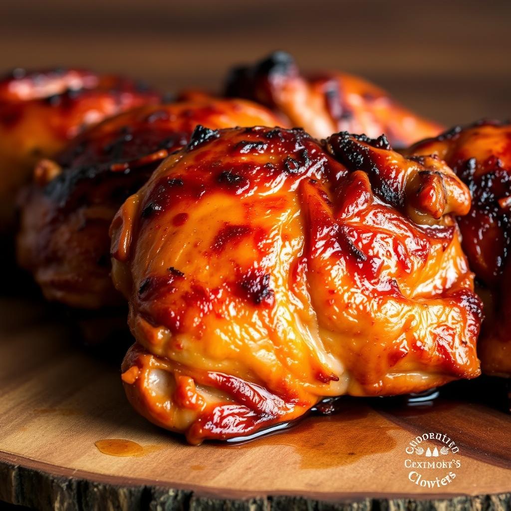 Smoked chicken thighs with crispy skin on a wooden platter