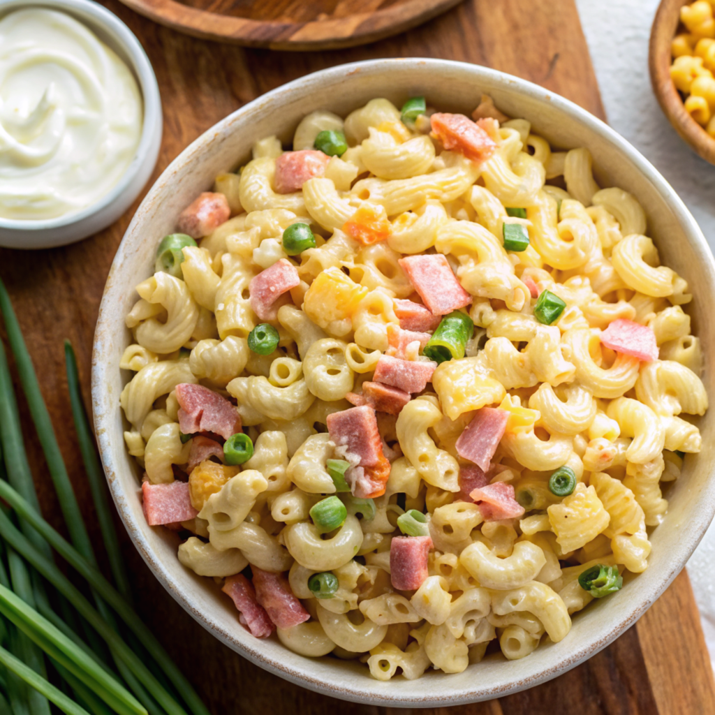 Close-up of a vibrant bowl of Hawaiian macaroni salad with creamy dressing, macaroni, vegetables, and hard-boiled eggs, served on a wooden table