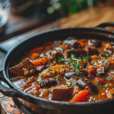 Eggplant stew simmering in a rustic pot with herbs