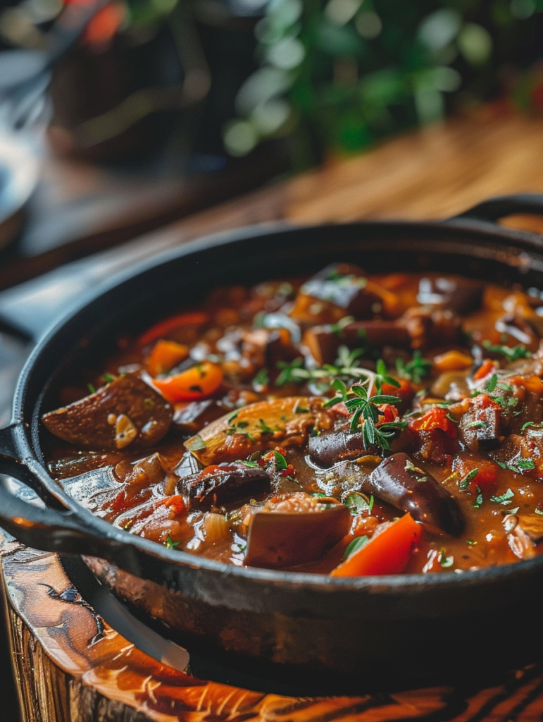 Eggplant stew simmering in a rustic pot with herbs