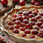 A rustic tabletop with cherry-infused recipes like pie, clafoutis, jam, and cocktails