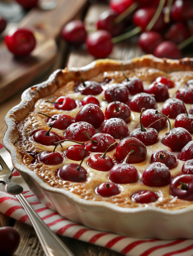 A rustic tabletop with cherry-infused recipes like pie, clafoutis, jam, and cocktails