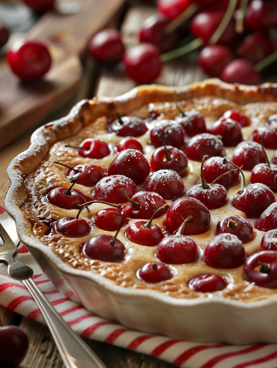 A rustic tabletop with cherry-infused recipes like pie, clafoutis, jam, and cocktails