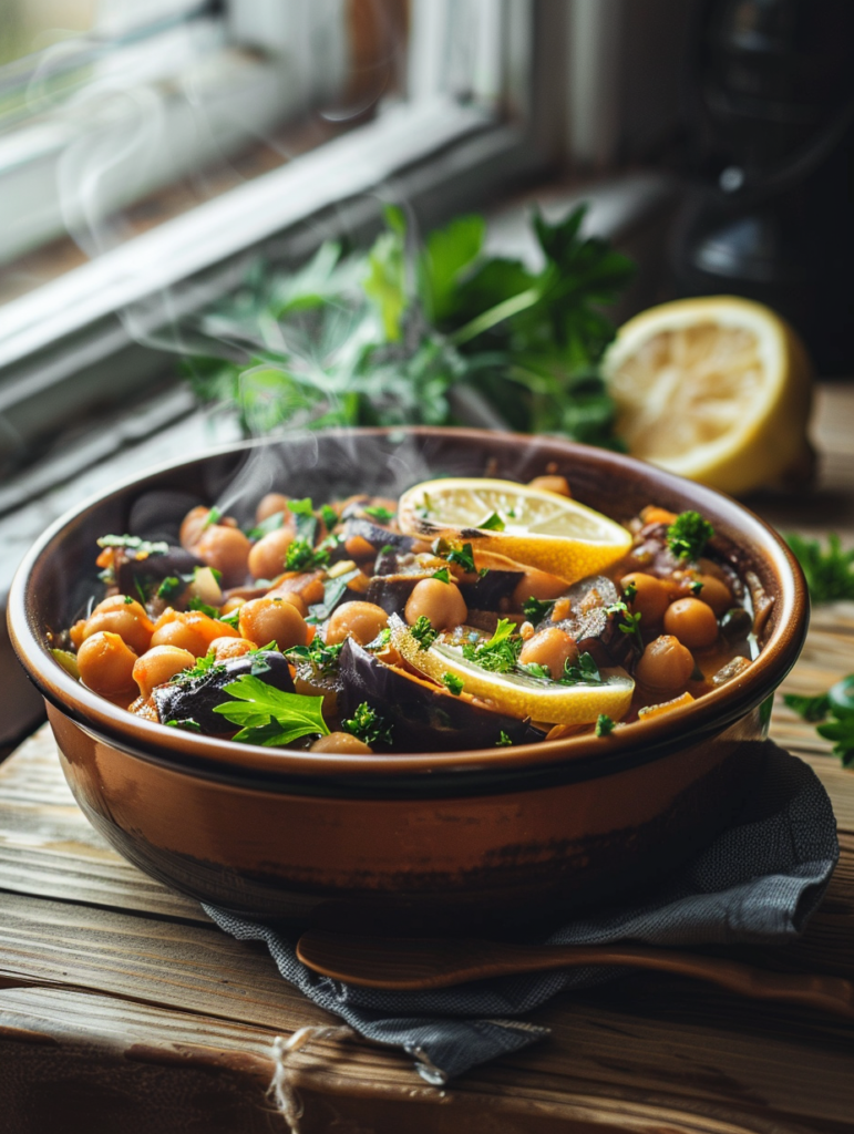 Eggplant chickpea stew served hot in a bowl