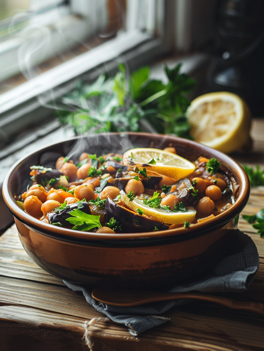 Eggplant chickpea stew served hot in a bowl