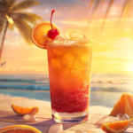 Layered Tequila Sunrise cocktail with grenadine, orange juice, and tequila in a tall glass, garnished with orange slice and cherry.