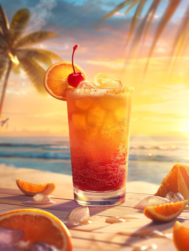 Layered Tequila Sunrise cocktail with grenadine, orange juice, and tequila in a tall glass, garnished with orange slice and cherry.