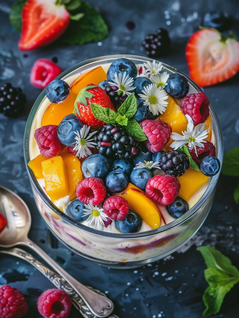 Assorted no-bake summer desserts with berries, yogurt, and granola