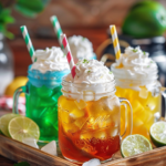 Dirty soda recipes with whipped cream and lime served in mason jars