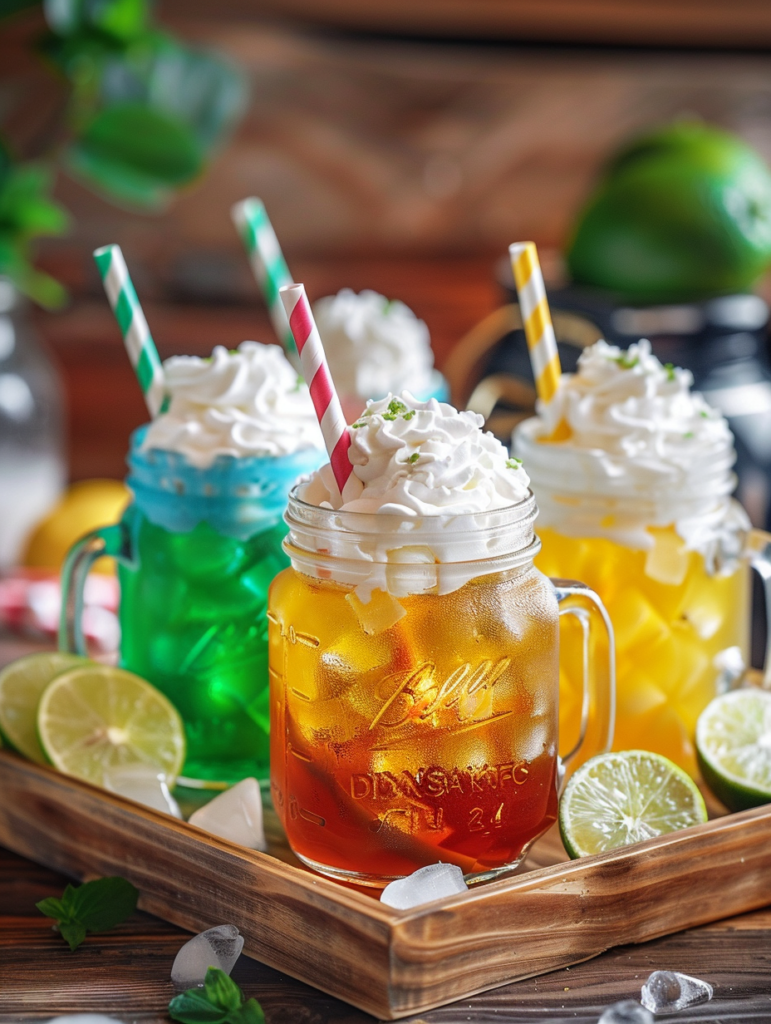 Dirty soda recipes with whipped cream and lime served in mason jars