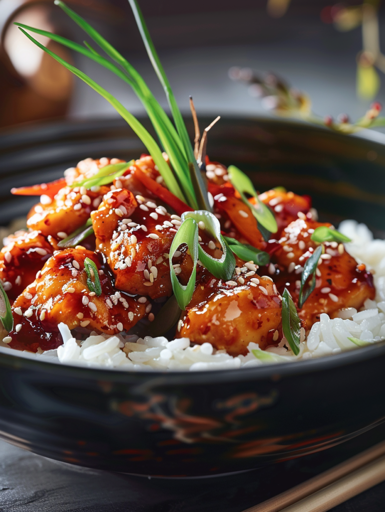 Sweet chili chicken with rice and sesame garnish