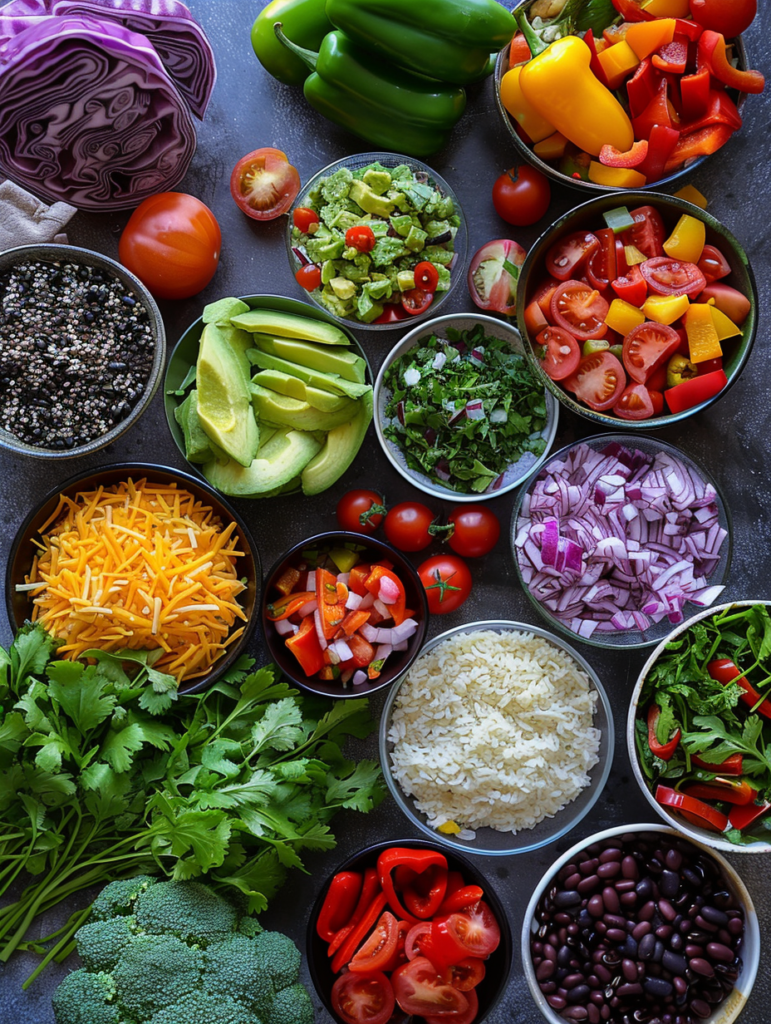 Prep station with burrito bowl ingredients like rice, beans, and toppings